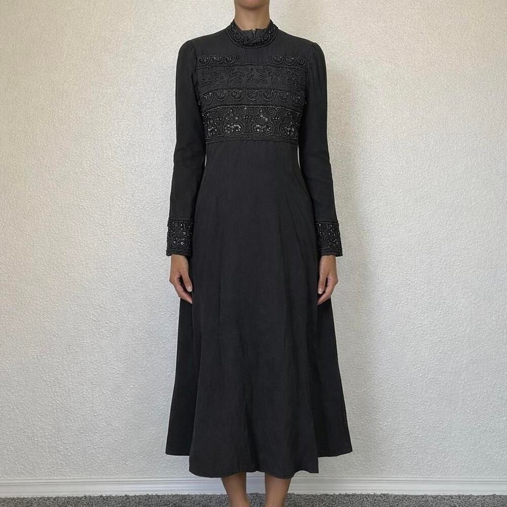 Vintage 100% Liquid Silk Victorian Black Beaded & Embroidered Midi Dress Size 10